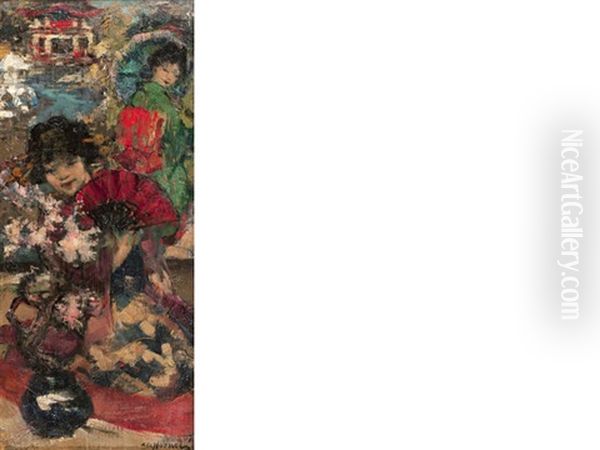 Japanese Girls In A Garden Oil Painting by Edward Atkinson Hornel