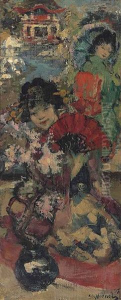 In A Japanese Garden Oil Painting by Edward Atkinson Hornel