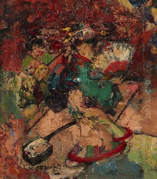 Japanese Dancer And Musician Oil Painting by Edward Atkinson Hornel