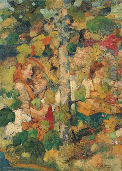 Children Dancing Around A Tree Oil Painting by Edward Atkinson Hornel