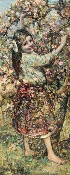 Girl Standing In An Orchard Oil Painting by Edward Atkinson Hornel