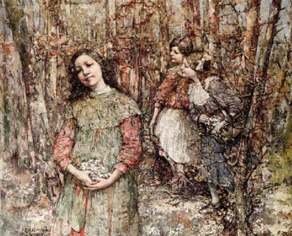 Girls Gathering Flowers In A Wood Oil Painting by Edward Atkinson Hornel