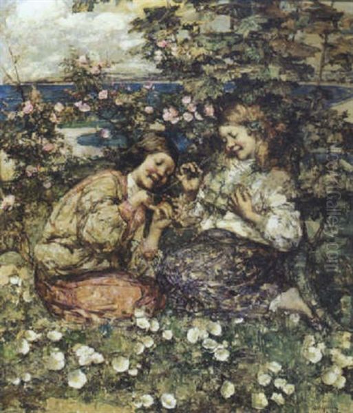 Fillettes Au Papillon Dans Un Buisson De Fleurs Oil Painting by Edward Atkinson Hornel