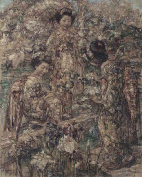 A Japanese Garden Oil Painting by Edward Atkinson Hornel