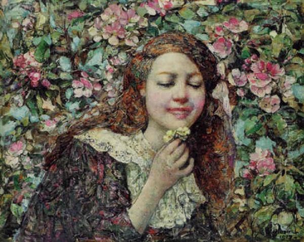 Girl With Primroses Oil Painting by Edward Atkinson Hornel