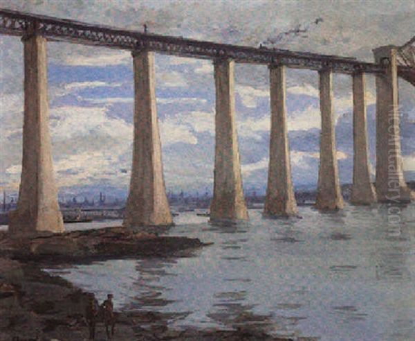 The Piers, Forth Bridge 1917, Kite Balloon And Grand Fleet In The Distance Oil Painting by Edward Atkinson Hornel