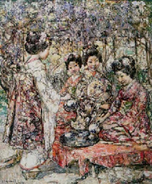 A Japanese Tea Party Oil Painting by Edward Atkinson Hornel