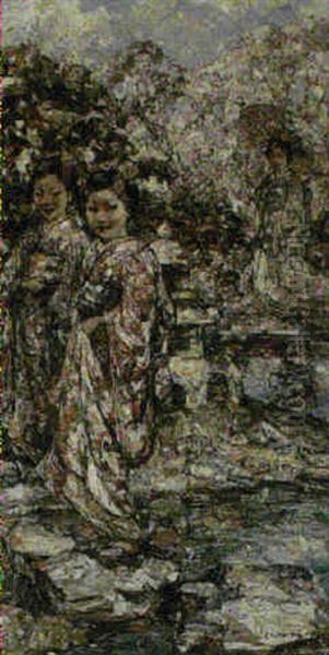 In A Japanese Garden Oil Painting by Edward Atkinson Hornel