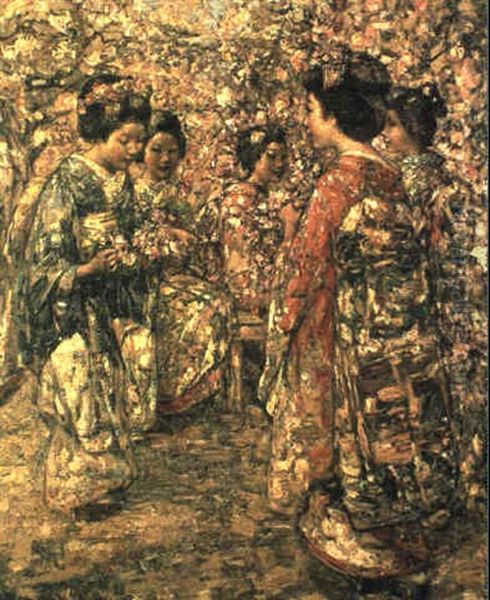 Five Japanese Girls Among Blossoming Trees Oil Painting by Edward Atkinson Hornel