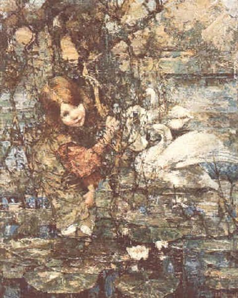 Swans And Lillies Oil Painting by Edward Atkinson Hornel