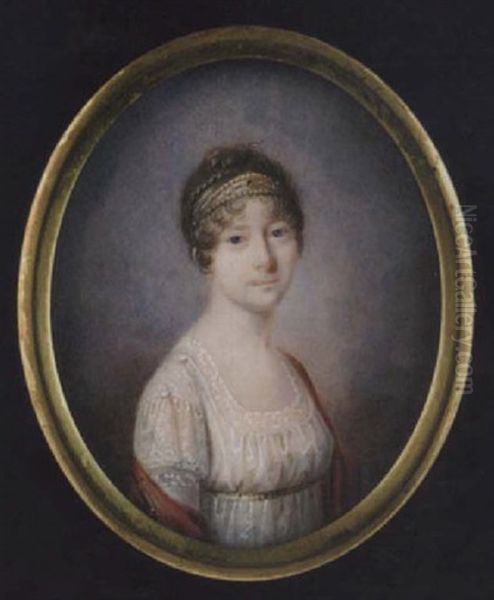 Portrait Of Maria Sofia Frederikke, Queen Of Denmark, Wearing Decollete White Dress With Lace Trim And Gold Ribbon Waistband, Red Shawl And Gold Headdress Oil Painting by Christian Hornemann