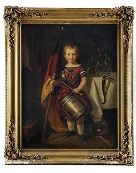 Portrait D'enfant Devant Un Sapin De Noel Tenant Le Drapeau Imperial Allemand Oil Painting by Friedrich Adolf Hornemann