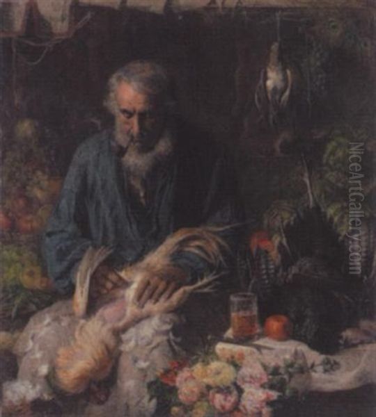 Bauer Auf Dem Wochenmarkt Mit Fruchten, Geflugel Und Blumen Oil Painting by Friedrich Adolf Hornemann