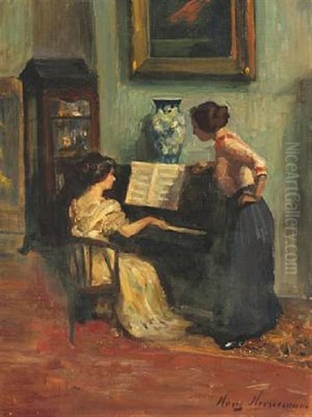 Interior With Two Ladies At A Piano Oil Painting by Hans Adolf Hornemann