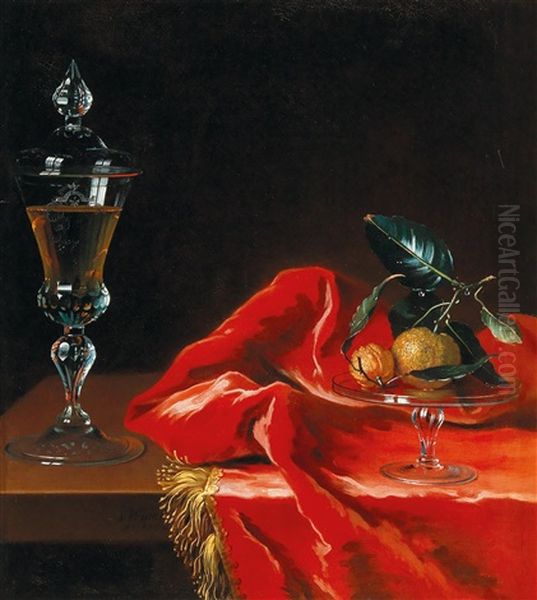 Clementines In A Glass Bowl And A Glass Jug Oil Painting by Johan Hoerner