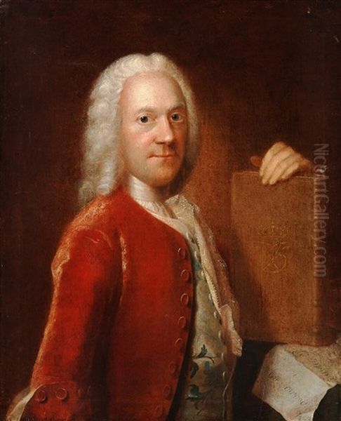 Portrait Of A Gentleman, With A Wig And A Red Coat Oil Painting by Johan Hoerner