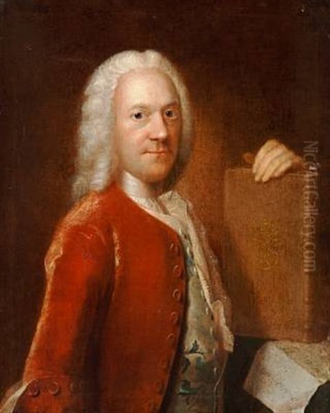 Portrait Of Jacob Langebaek, Historian And State Archivist, With A Wig And A Red Coat, Holding A Book With King Frederik V's Mirrored Monogram Oil Painting by Johan Hoerner