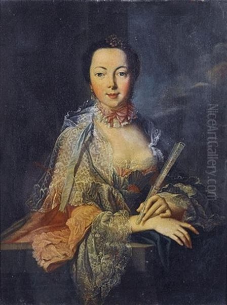 Portrait Of A Lady, Half-length, In A Pink Lace-trimmed Dress With A Flower In Her Hair, Leaning On A Stone Ledge Holding A Fan Oil Painting by Johan Hoerner