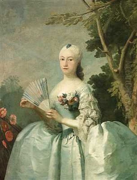 Portraet Af Birgitte Von Stampe F. Von Klocker I Mintgron Selskabskjole, I Handen Holder Hun En Vifte Oil Painting by Johan Hoerner