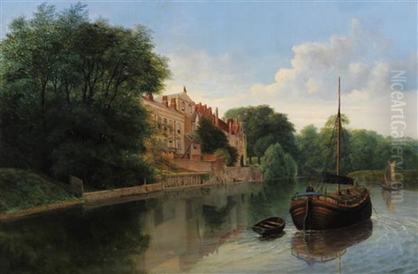 A River Landscape With Sailing Barge Passing A Large House, Possibly On The Thames Oil Painting by George Farrington Hornibrook