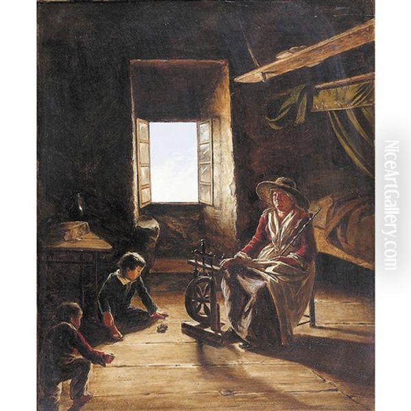 Interieur Mit Betagter Spinnerin Und Spielenden Kindern Oil Painting by Joseph Hornung