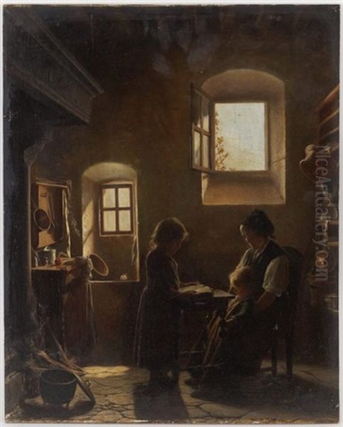 Scene D'interieur, Fillette Faisant La Lecture A Sa Maman Et Ses Soeurs by Joseph Hornung