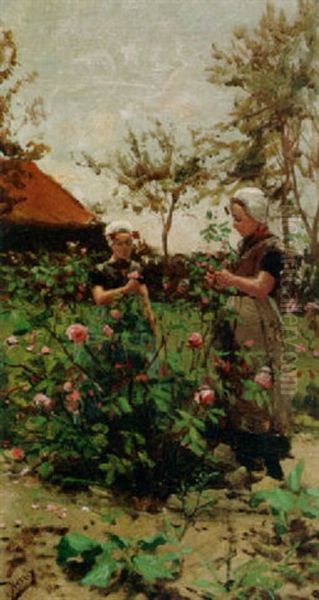 Zeeland Girls In A Rose Garden Oil Painting by Henricus Mattheus Horrix