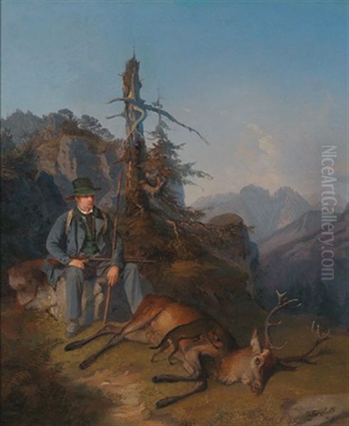 Thomas Lackenbacher, Revierforster Vom Schliersee Mit Einem Vierzehnender Im Gebirge Oil Painting by Theodor Horschelt