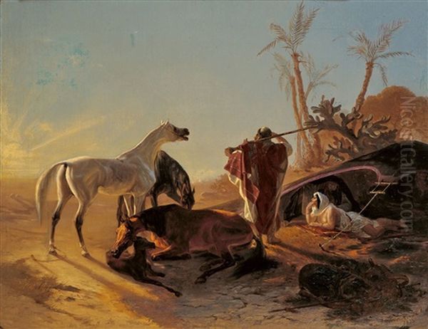 Rastendes Beduinenpaar Mit Araberpferden Oil Painting by Theodor Horschelt