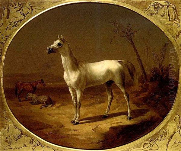 A Grey Arabian Horse Oil Painting by Theodor Horschelt