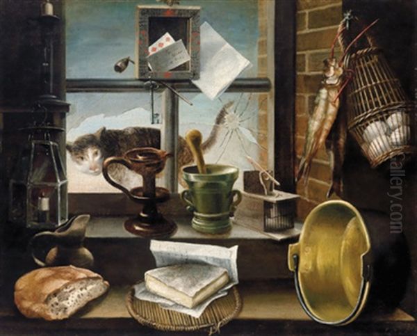 Trompe L'oeil Mit Zwei Lampen, Morser, Mausefalle, Kupferkessel, Brot, Kase Einem Getrockneten Fisch Und Eiern In Einem Korb In Einer Fensternische Oil Painting by Simon Horsin-Deon