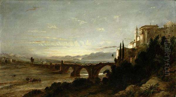 River Landscape With Italianate Buildings, A Stone Viaduct And Figures Oil Painting by Hopkins Horsley Hobday Horsley