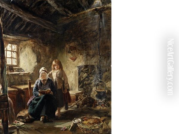 Auld Grannie And The Wee Nan - Study Of A Highland Interior In Argyleshire Oil Painting by John Callcott Horsley