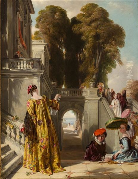 Elegant Figures On The Terrace Of A Country House Oil Painting by John Callcott Horsley