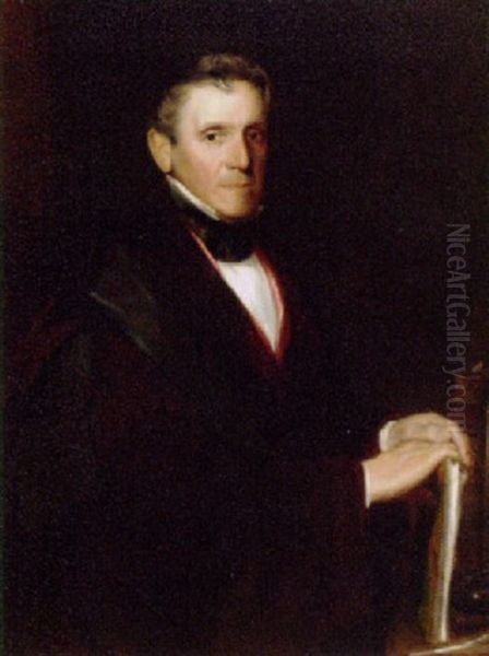 Portrait Of John Baptist Cramer In A Black Gown And Red Waistcoat, Resting His Hands On A Folio Of Sheet Music, In An Interior Oil Painting by John Callcott Horsley