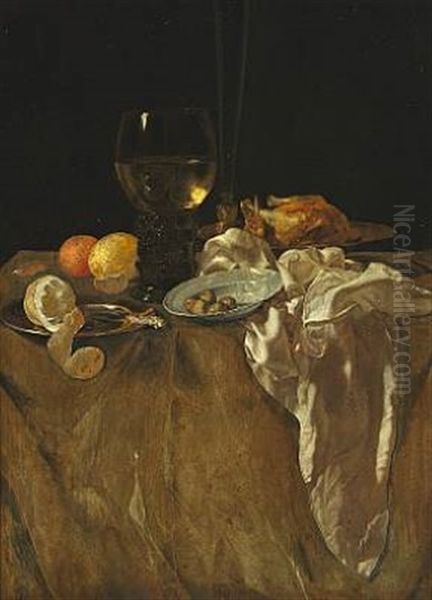 Still Life With Lemons, Oranges And Olives In A Pewter Dish, Fried Chicken And A Rummer Oil Painting by Gerrit Willemsz Horst