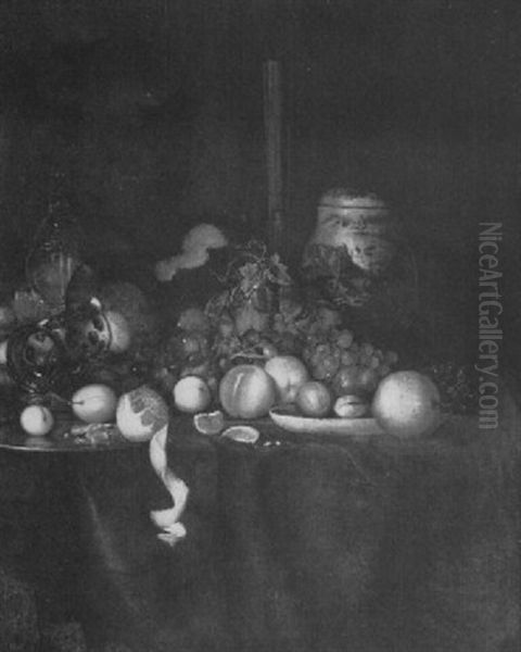 A Ginger Jar, A Roemer, A Wineglass, Grapes, Peaches,       Apricots, Plums And A Peeled Lemon On A Plate, On A Table Oil Painting by Gerrit Willemsz Horst