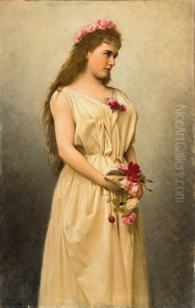 Portrait Eines Reizenden Madchens Mit Rosenschmuck Oil Painting by Ludwig Horst