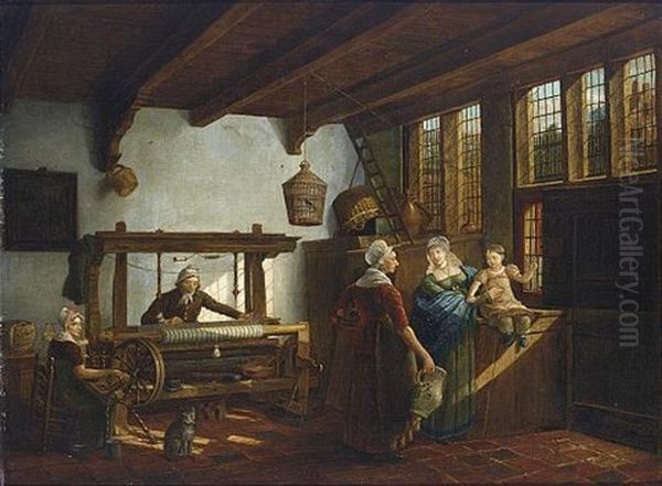 A Weaver's Workshop With A Weaver And His Maid, Together With Two Women And A Child Conversing On The Right Oil Painting by Johannes Petrus van Horstok