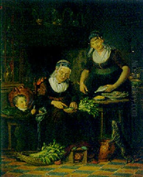 Women Preparing A Meal In A Parlour By A Young Boy And A Cat Oil Painting by Johannes Petrus van Horstok