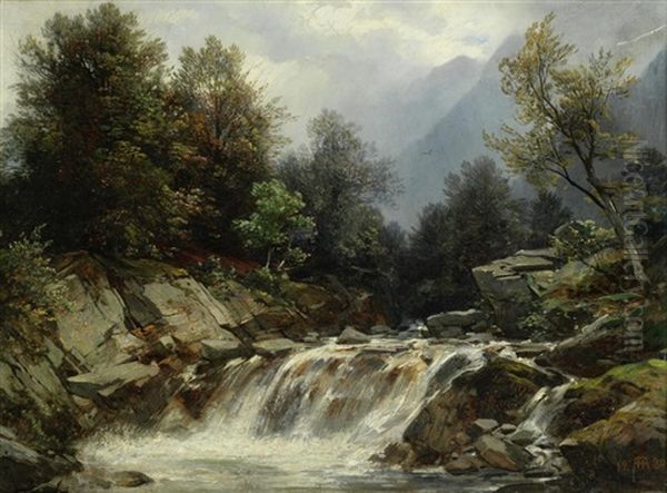 A Woodland Waterfall Oil Painting by Auguste Horter