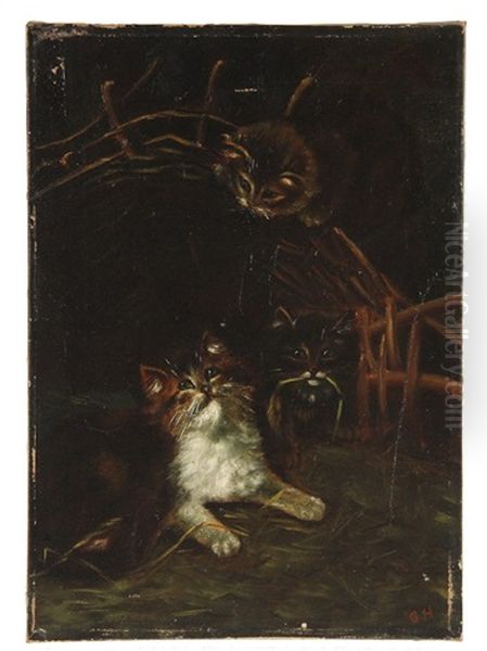 Three Cats Playing Around Basket In Hay Oil Painting by George Edward Horton