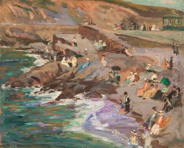 Vagues, Rochers Et Petites Personnes Sur La Plage Oil Painting by William Samuel Horton