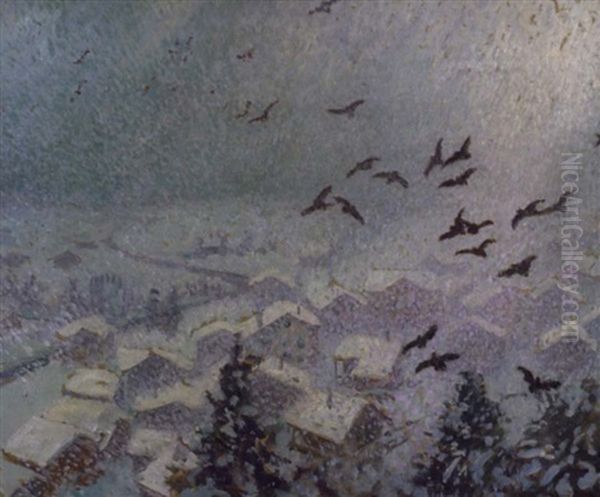 Blackbirds And Falling Snow Oil Painting by William Samuel Horton