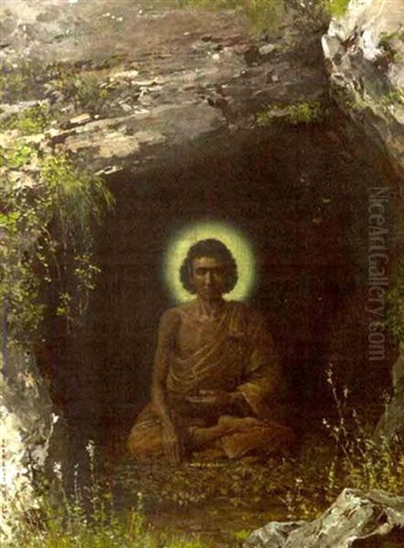 Shakyamuni Im Meditationssitz Auf Einem Blatterbett In Einer Hohle Mit Einem Spinnergewebe Oil Painting by Goseda Horyu