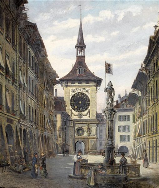 Berner Kramgasse Beim Zytgloggenturm Oil Painting by Eduard Hosch