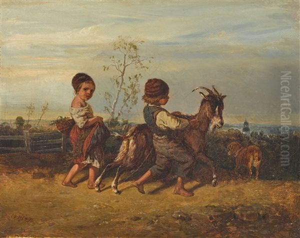 Zwei Kleine Kinder Mit Ziegenbock Oil Painting by Theodor (Fried. Wilhelm Heinrich Th.) Hosemann