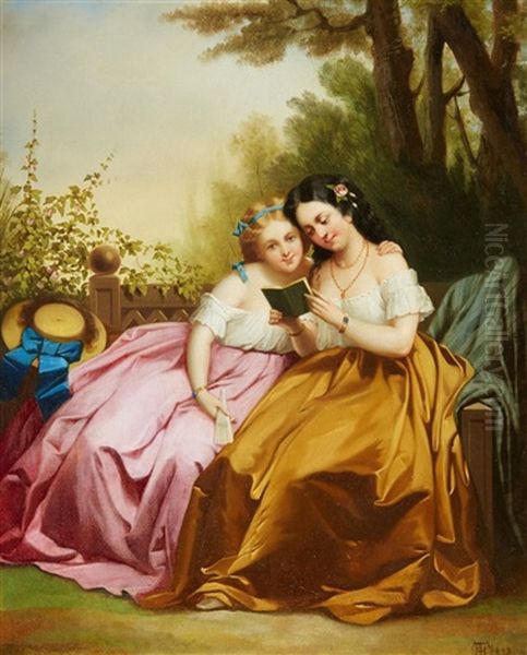 Two Girls Reading Oil Painting by Theodor (Fried. Wilhelm Heinrich Th.) Hosemann