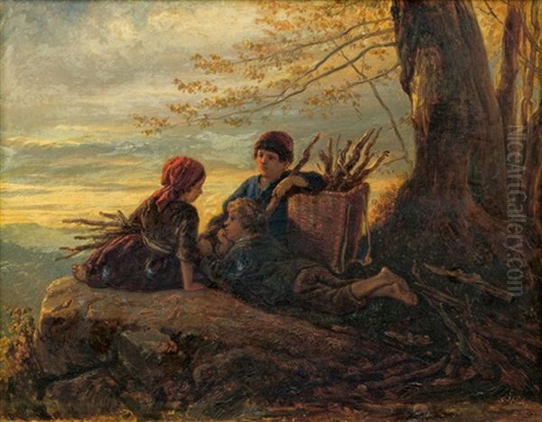 Drei Kinder Beim Holzsammeln Oil Painting by Theodor (Fried. Wilhelm Heinrich Th.) Hosemann