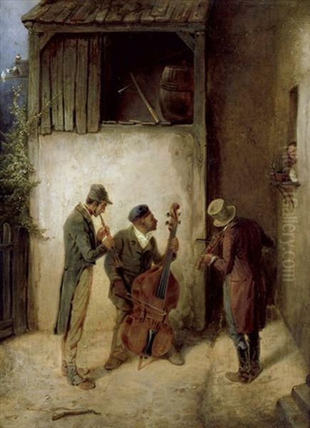 Das Standchen - Stehgeiger, Cellist Und Klarinettenspieler Vor Dem Fenster Einer Jungen Frau Oil Painting by Theodor (Fried. Wilhelm Heinrich Th.) Hosemann